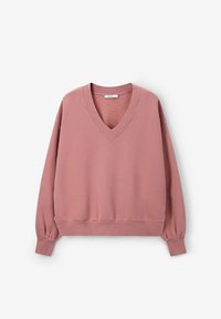 Sweatshirt rose à col en V avec des manches longues, des poignets élastiques et une coupe décontractée. Texture lisse avec un designMinimaliste et sans motifs visibles.