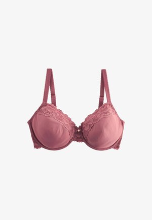 Reggiseno con ferretto imbottito in color malva, con dettagli in pizzo floreale lungo le coppe e i lati, dotato di spalline regolabili e di un piccolo charm decorativo al centro.