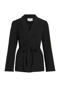 Blazer nero con design avvolgente, maniche lunghe e cintura annodata. Realizzato in tessuto liscio con silhouette strutturata e rever a intaglio.