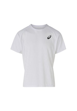 White athletic t-shirt made of breathable fabric, featuring a round neckline, short sleeves, and a subtle textured pattern. Black logo accent.