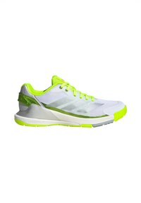 White and neon green athletic shoe with mesh upper, cushioned sole, and lace-up design, shown from the outer side.