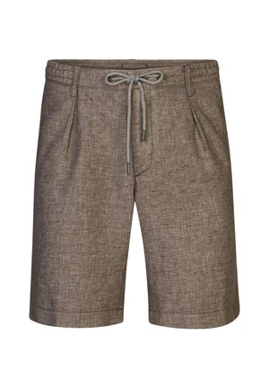 Brown woven shorts with an elastic waistband, adjustable drawstring, and side pockets. Features a textured, slightly heathered fabric.