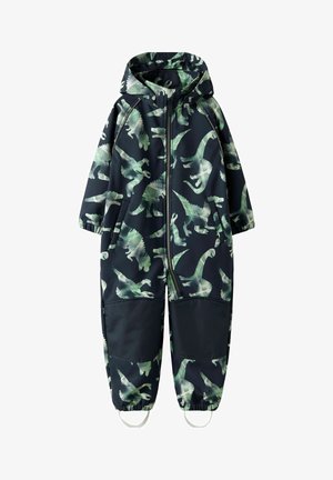 Én-delt heldrakt med dinosaurmønster i mørk marineblå, med lysegrønne dinosaurer, glidelås foran og elastiske mansjetter og ankler.