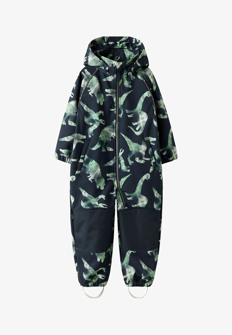 Tumesinises toonis üheosaline kombinesoon dinosaurusemustriga, millel on helerohelised dinosaurused, ees tõmblukk ning elastsed mansetid käistel ja säärtel.