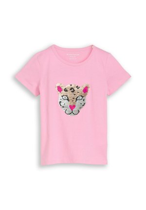 Roze kindert-shirt met korte mouwen en een glinsterend luipaardgezicht met roze oren en neus aan de voorkant.