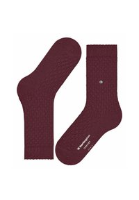 Bordowe skarpetki z teksturowanym wzorem, prążkowanym ściągaczem i subtelnym logo. Materiał to tkanina woskowana, zaprojektowana dla komfortu i dopasowania.