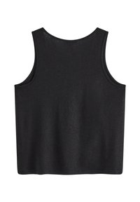 Schwarzes ärmelloses Tanktop mit runder Ausschnittform, aus weichem Stoff gefertigt, mit glatter Textur und lockerer Passform. Keine sichtbaren Muster.