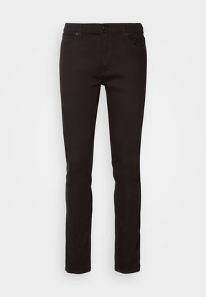Black denim pants with a slim fit, five pockets, and a button closure. Smooth texture and solid color with minimal stitching details.