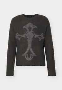 Dark gray sweater with long sleeves, round neckline, and fuzzy texture. Features a large, stylized cross pattern in a lighter gray color.