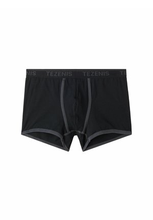 Czarne bawełniane bokserki z szarym elastycznym pasem z logo "TEZENIS", o smukłym wyglądzie i przeszyciach wzdłuż krawędzi.