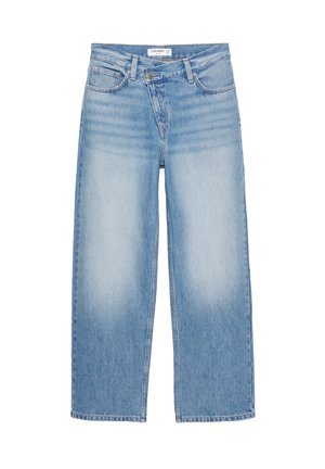 Helle blaue weit geschnittene Jeans aus Denim-Stoff, mit einem mittelhohen Bund, fünf Taschen und ausgewaschenen Akzenten an Vorder- und Rückseite.