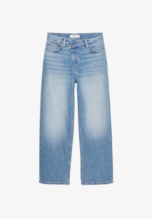 Lichtblauwe wijde jeans van dennenstof, met een middellange taille, vijf zakken en vervaagde accenten op de voorkant en achterkant.