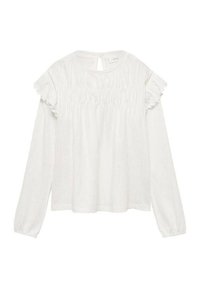 Blusa bianca a maniche lunghe con corpino arricciato, maniche a volant e dettaglio chiave sul retro. Tessuto leggero e testurizzato con sottili strisce verticali.