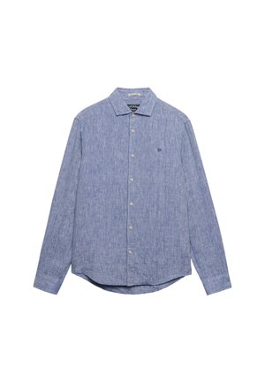 Chemise à manches longues boutonnée en tissu texturé bleu clair avec col et petit logo brodé sur la poitrine gauche.
