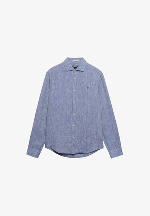 Chemise à manches longues boutonnée en tissu texturé bleu clair avec col et petit logo brodé sur la poitrine gauche.