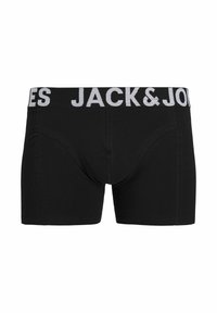 Calzoncillos bóxer negros con una cintura elástica blanca que muestra el texto "JACK & JONES". Tejido liso y elástico con un corte clásico y costuras laterales.