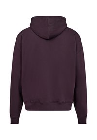 Lilla hoodie lavet af blødt stof, med en afslappet pasform, elastiske manchetter og hætte med snoretræk. Glat tekstur; ingen synlige mønstre.