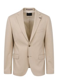 Beige Blazer mit Reverskragen, zwei Knöpfen und einer einzelnen Brusttasche. Verfügt über eine glatte Textur und dezente Nähte.