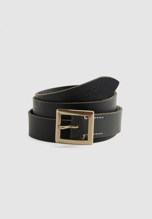 Black leather belt with a square gold-tone metal buckle, featuring contrast stitching and a smooth texture.