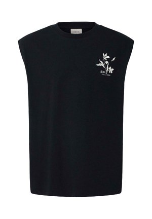 Zwart mouwloos T-shirt met witte bloemmotief en de tekst "Solid EST. 1999" op de linkerborst.