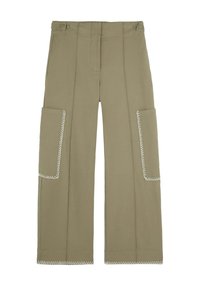 Khakifarbene Cargo-Hosen mit zwei seitlichen Taschen, die kontrastierenden weißen Nähte entlang der Kanten aufweisen. Gerades Design, mittelschwere Stoffqualität.