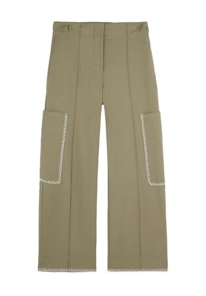 Khaki cargo housut, joissa on kaksi sivutaskua, ja jotka ovat varustettu valkoisilla saumoilla reunoilta. Suora lahje, keskivahvuinen kangas.