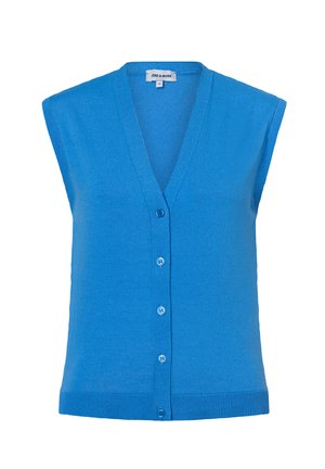 Blaues ärmelloses Strickweste mit V-Ausschnitt und fünf Knöpfen vorne, geripptem Saum und Etikett innen am Kragen.