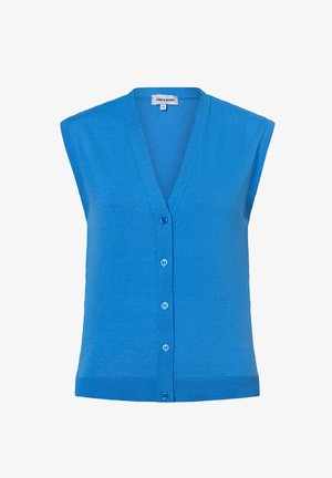Blaues ärmelloses Strickweste mit V-Ausschnitt und fünf Knöpfen vorne, geripptem Saum und Etikett innen am Kragen.