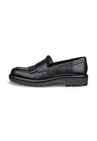 Mocassins en cuir noir avec un bout arrondi, un accent à franges, un détail perforé le long du col et un petit talon en caoutchouc.