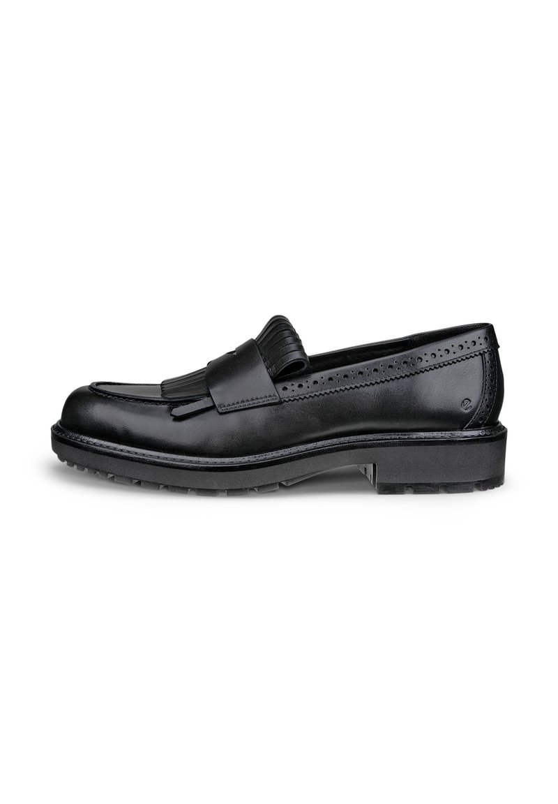 Mocassins en cuir noir avec un bout arrondi, un accent à franges, un détail perforé le long du col et un petit talon en caoutchouc.