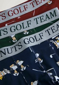 Tre par boxer briefs med grå midjerem tryckt med "NUTS GOLF TEAM." Färgerna inkluderar röd, grön och marinblå med tecknade mönster.
