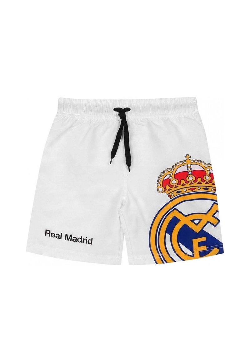 Białe szorty kąpielowe z czarnym sznurkiem; z boku znajdują się duże logo Real Madryt w kolorze żółtym, niebieskim i czerwonym oraz napis "Real Madryt".