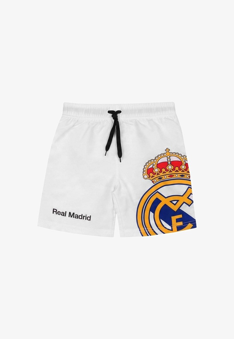 Białe szorty kąpielowe z czarnym sznurkiem; z boku znajdują się duże logo Real Madryt w kolorze żółtym, niebieskim i czerwonym oraz napis "Real Madryt".