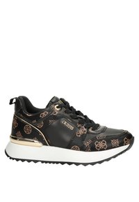 Sneaker nera con accenti dorati, pelle testurizzata e un design a motivi. Presenta una suola intermedia bianca spessa e lacci neri per una vestibilità sicura.