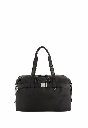 Grand sac de sport noir avec double poignée, sangle avant à boucle et fermeture éclair, présenté sur fond blanc.