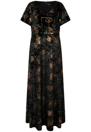 Robe en velours noir avec un décolleté en V, des manches courtes et une silhouette ample. Présente des motifs floraux dorés et verts avec des détails géométriques.