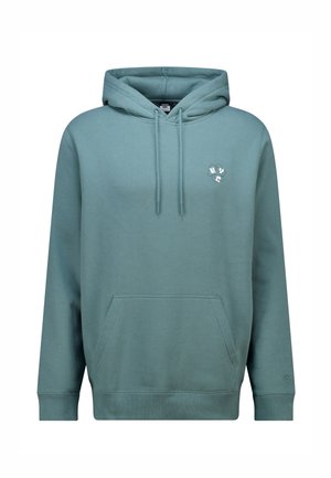 Sudadera con capucha de algodón verde suave con un bolsillo tipo canguro. Presenta un pequeño logo de flor en el pecho y un cordón para la capucha.