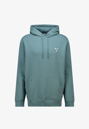 Sudadera con capucha de algodón verde suave con un bolsillo tipo canguro. Presenta un pequeño logo de flor en el pecho y un cordón para la capucha.