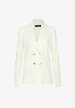 Cardigan crema a maglia treccia con colletto a scialle, chiusura a doppio petto con bottoni e polsini a costine; texture morbida e design leggero.