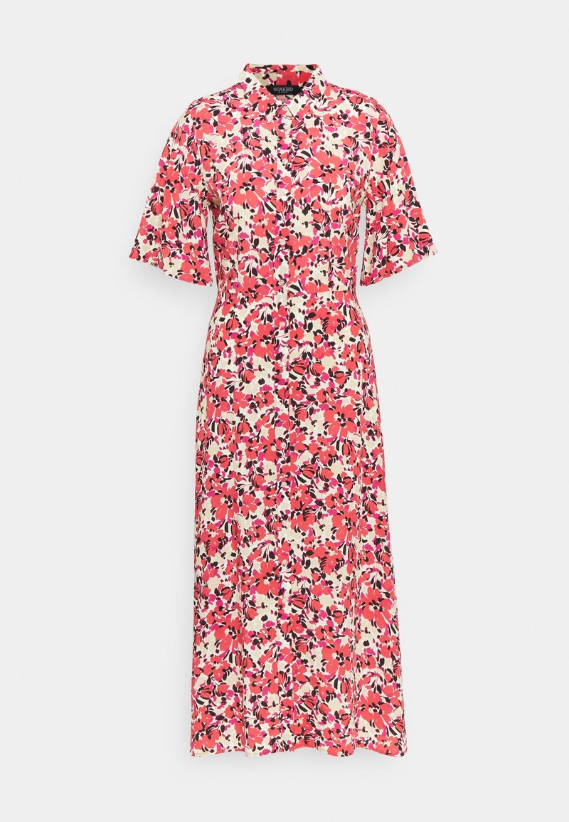 Blumenkleid mit kurzen Ärmeln, das ein Muster in Rosa, Weiß und Schwarz aufweist. Durchgehende Knopfleiste, Midi-Länge, lockere Passform, leichtes Material.
