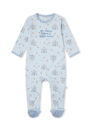 Pelele bebé azul claro con dibujos de pulpo y peces, piernas cubiertas y texto "¡oh, hola! ¡Que lo pases genial!" en la parte delantera.