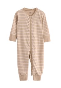 Romper a righe beige con maniche lunghe, zip frontale e orli a coste, realizzato in morbido cotone per garantire comfort.