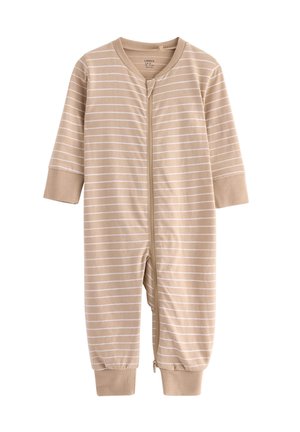 Romper a righe beige con maniche lunghe, zip frontale e orli a coste, realizzato in morbido cotone per garantire comfort.