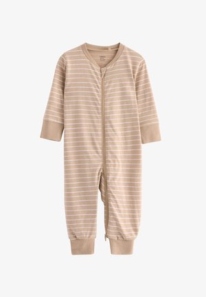 Romper a righe beige con maniche lunghe, zip frontale e orli a coste, realizzato in morbido cotone per garantire comfort.