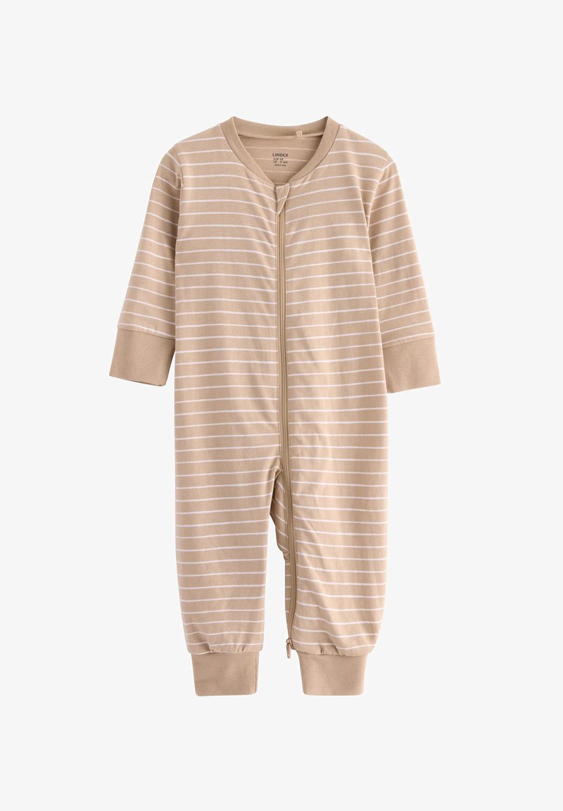 Beżowy kombinezon w paski, z długimi rękawami, zamkiem z przodu i mankietami, wykonany z miękkiego materiału bawełnianego dla wygody.