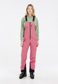 Roze skioveralls met verstelbare bandjes, voorrits, meerdere zakken en zwarte accenten bij de enkels. Gemaakt van duurzame, weersbestendige stof.