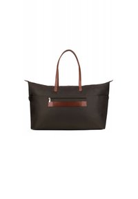 Donkerbruine tote bag van nylon met twee bruinleren handvatten, een bovenste ritssluiting en een voorzak met ritssluiting en lederen accent.