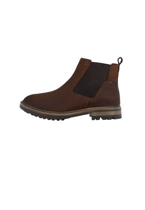Brauner Leder-Chelsea-Stiefel mit schwarzem elastischem Seitenteil, Zuglasche an der Ferse und Gummisohle mit niedrigem Absatz.