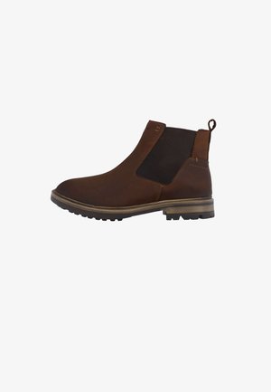 Brauner Leder-Chelsea-Stiefel mit schwarzem elastischem Seitenteil, Zuglasche an der Ferse und Gummisohle mit niedrigem Absatz.