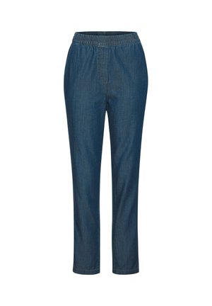 Blauwe spijkerbroek met elastische tailleband en rechte pijpen, getoond op een witte achtergrond.